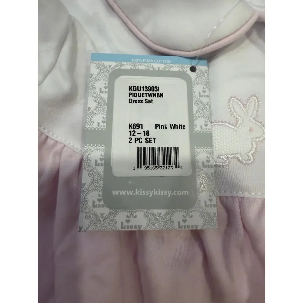 Kissy Kissy Pique Twin Bunnies Pink Dress Set Pima Cotton Easter 3-6 Months NWT